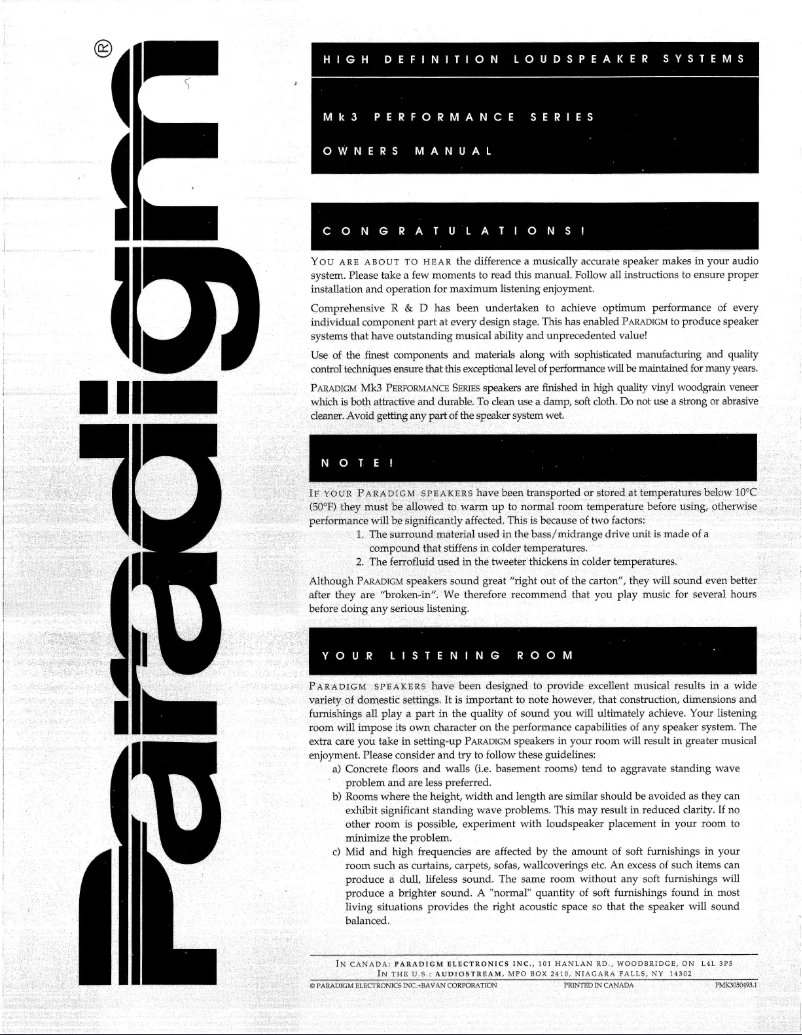 Page n°1 - Manuel utilisateur Paradigm 11SE-MK3