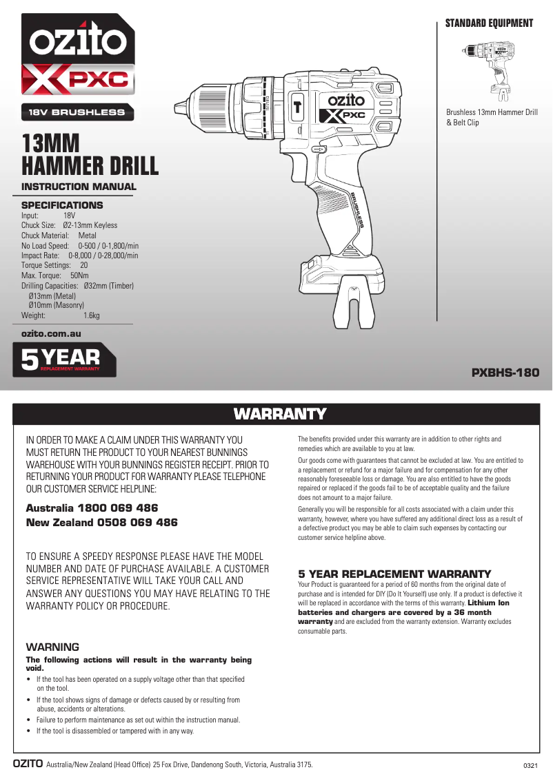 Página 1 del manual Manual de usuario Ozito PXBHS-180