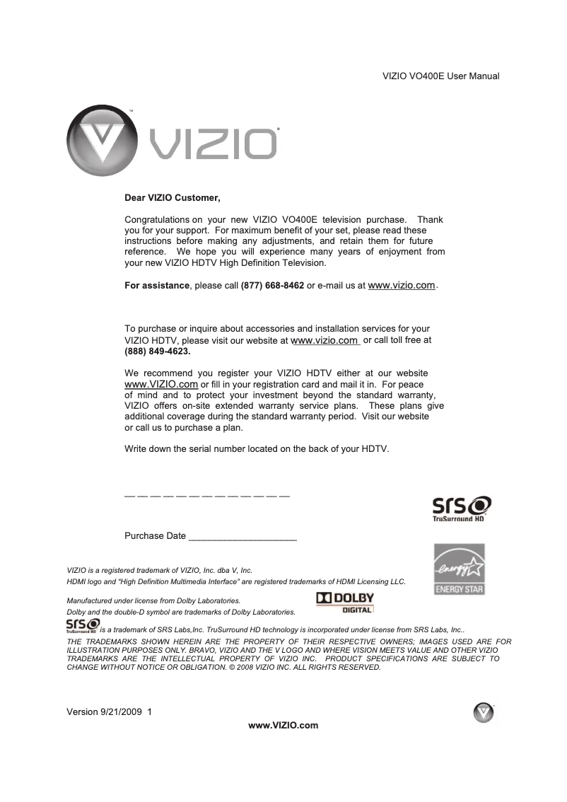 Page 1 de la notice Manuel utilisateur VIZIO VO400E