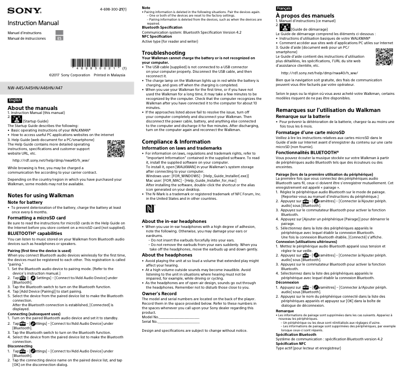 Page n°1 - Manuel utilisateur Sony NWA45