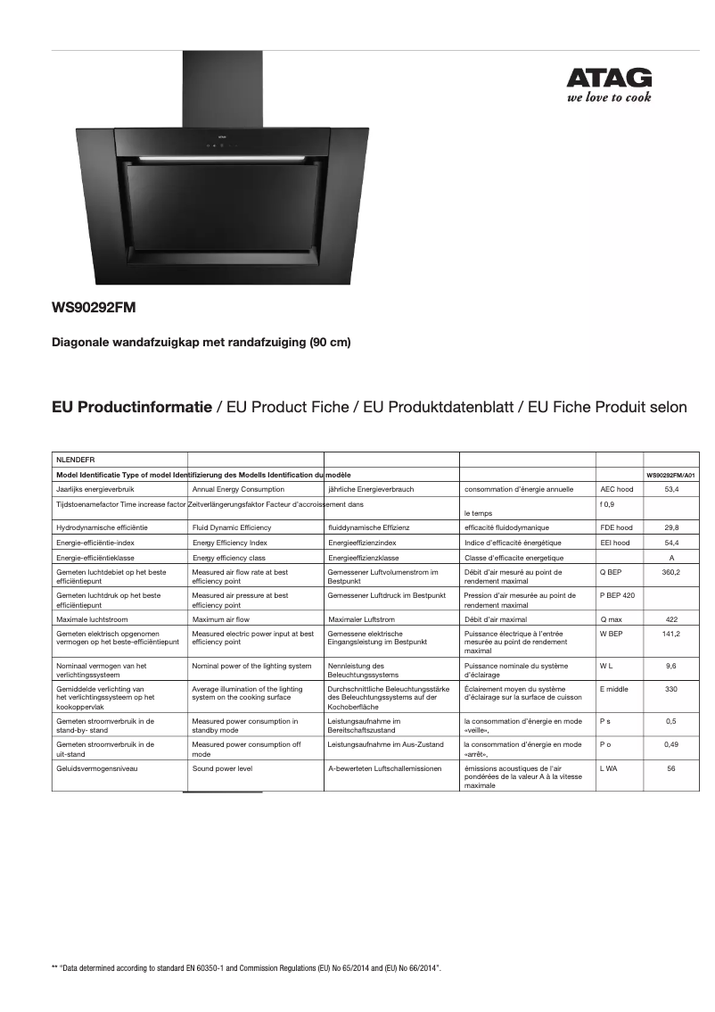 Page 1 de la notice Fiche technique Atag WS90292FM