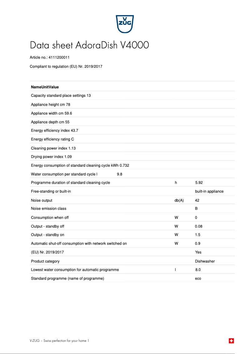 Page 1 de la notice Fiche technique V-Zug AdoraDish V4000