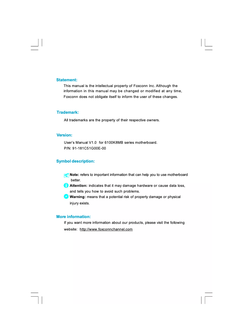 Page 1 de la notice Manuel utilisateur Foxconn 6100K8MB-RSH
