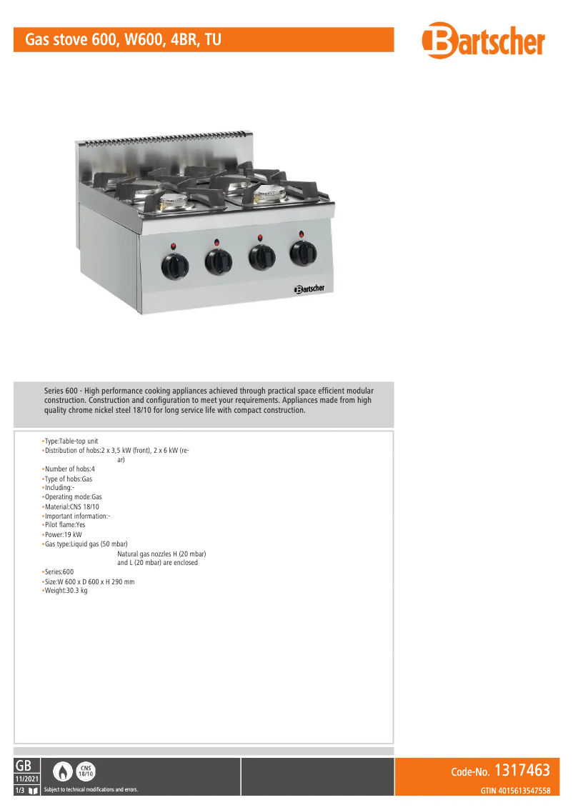 Page 1 de la notice Fiche technique Bartscher 115109
