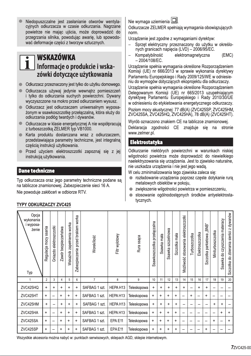 Page 1 de la notice Manuel utilisateur Zelmer ZVC425HA