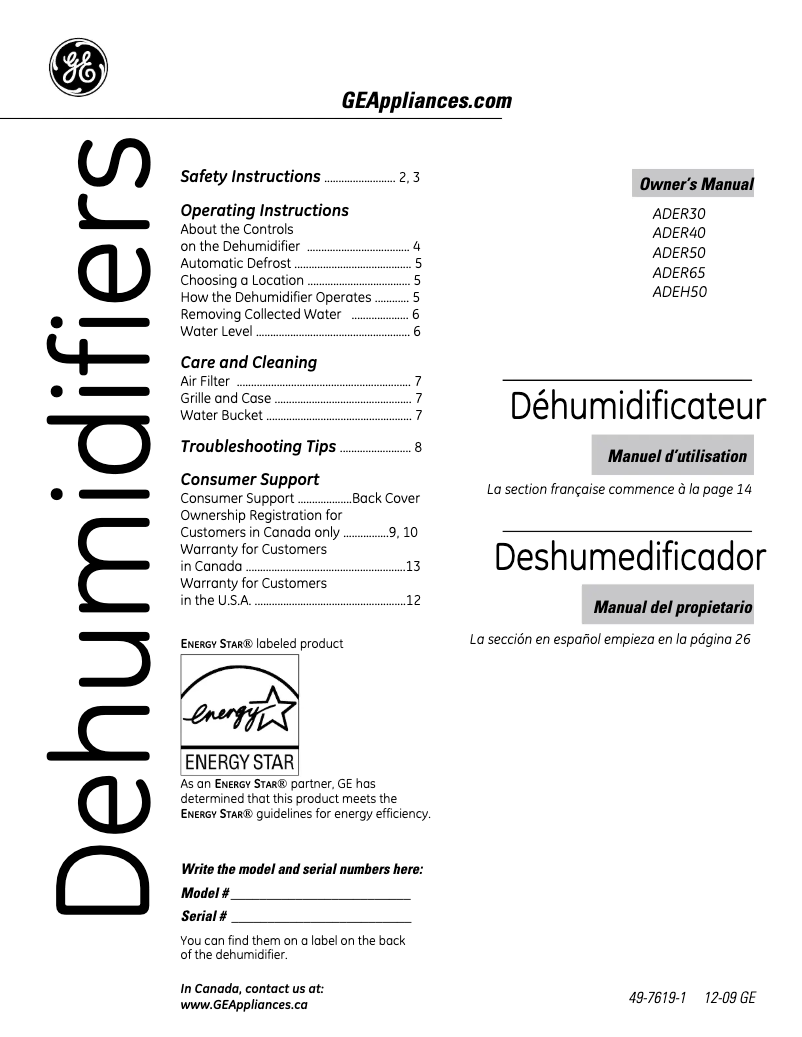 Page 1 de la notice Manuel utilisateur GE ADEH50LN