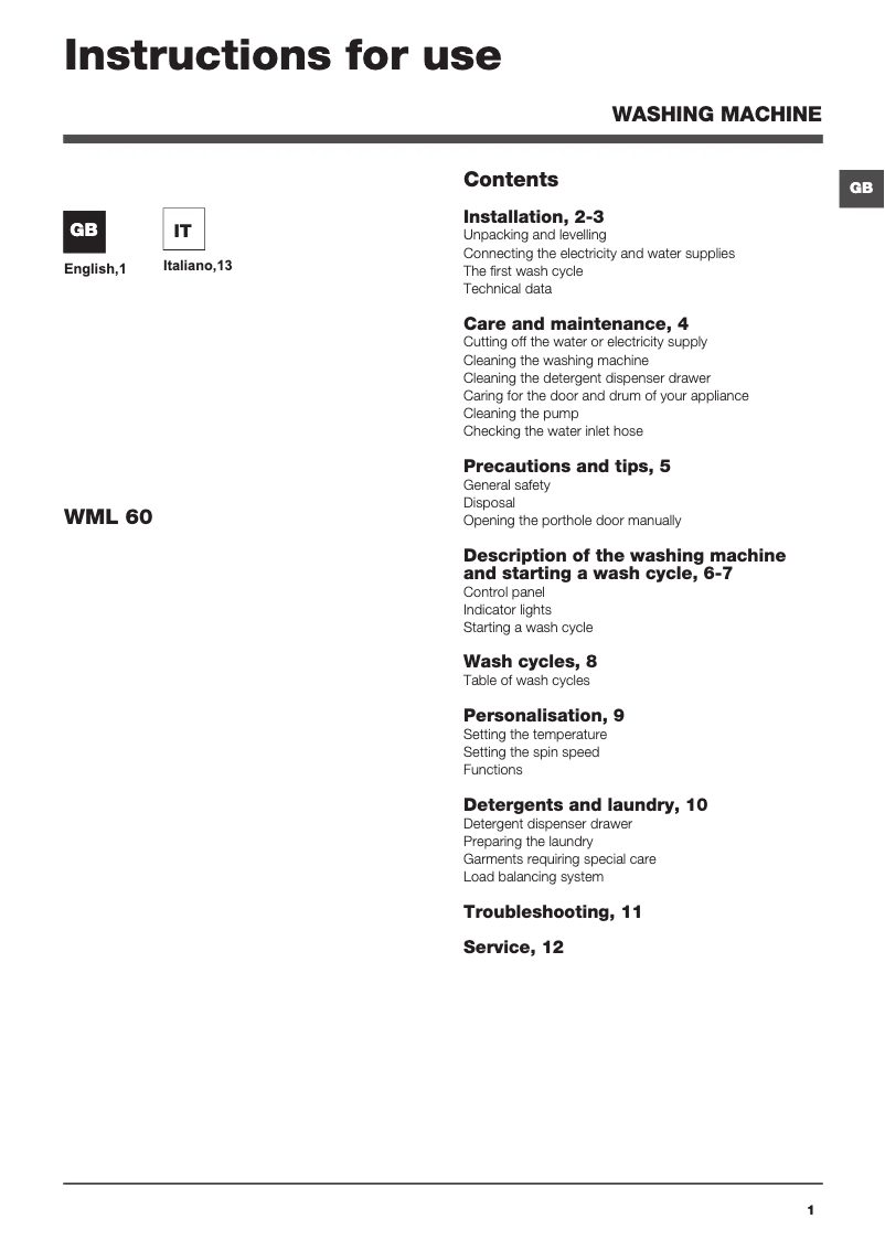 Image de la première page du manuel de l'appareil WML 60 EU