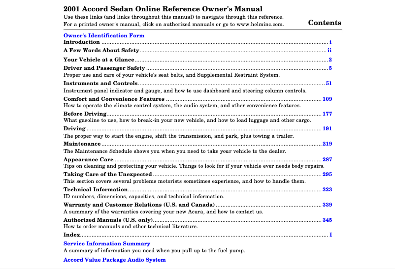 Imagen de la primera página del manual del dispositivo Accord Coupe (2001)
