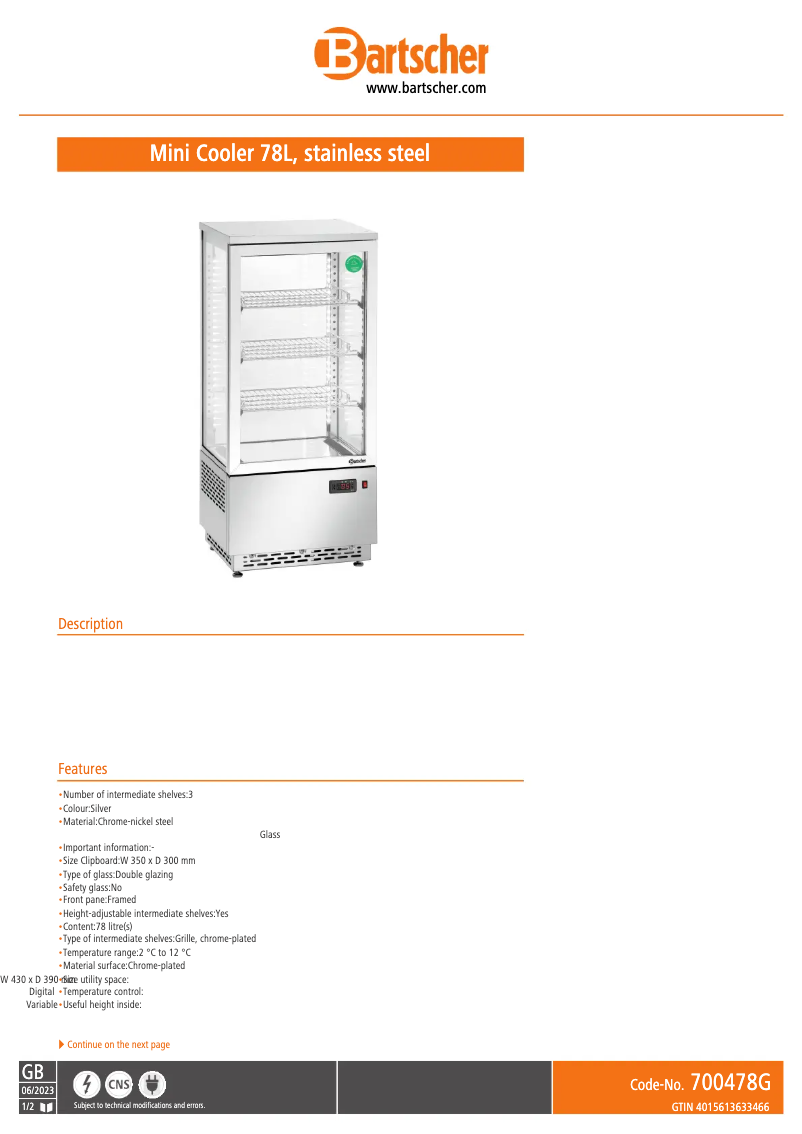 Page 1 de la notice Fiche technique Bartscher 700478G