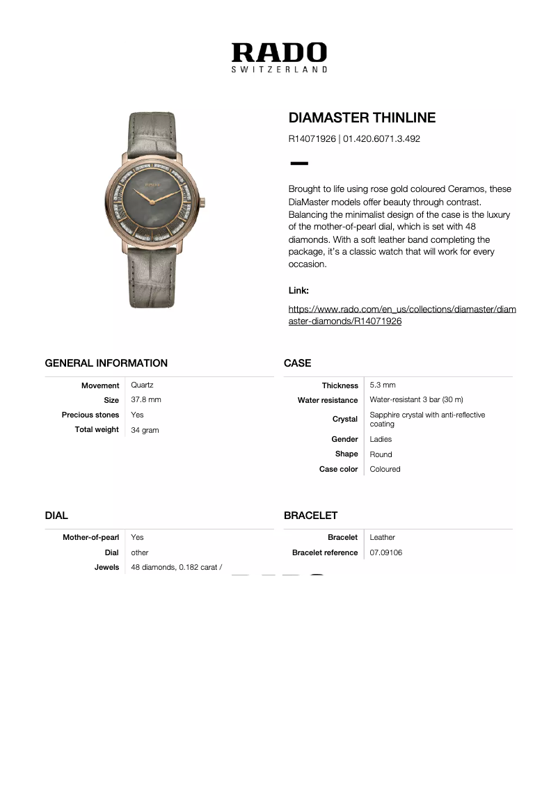 Page 1 de la notice Manuel utilisateur Rado DiaMaster Thinline R14071926