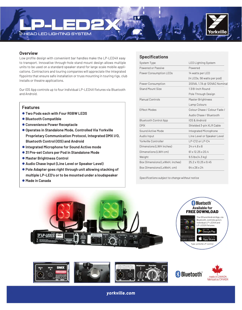 Page 1 de la notice Fiche technique Yorkville LP-LED2X