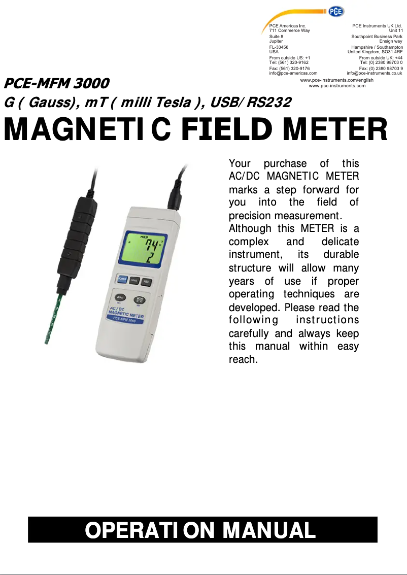 Page n°1 - Manuel utilisateur PCE Instruments PCE-MFM 3000