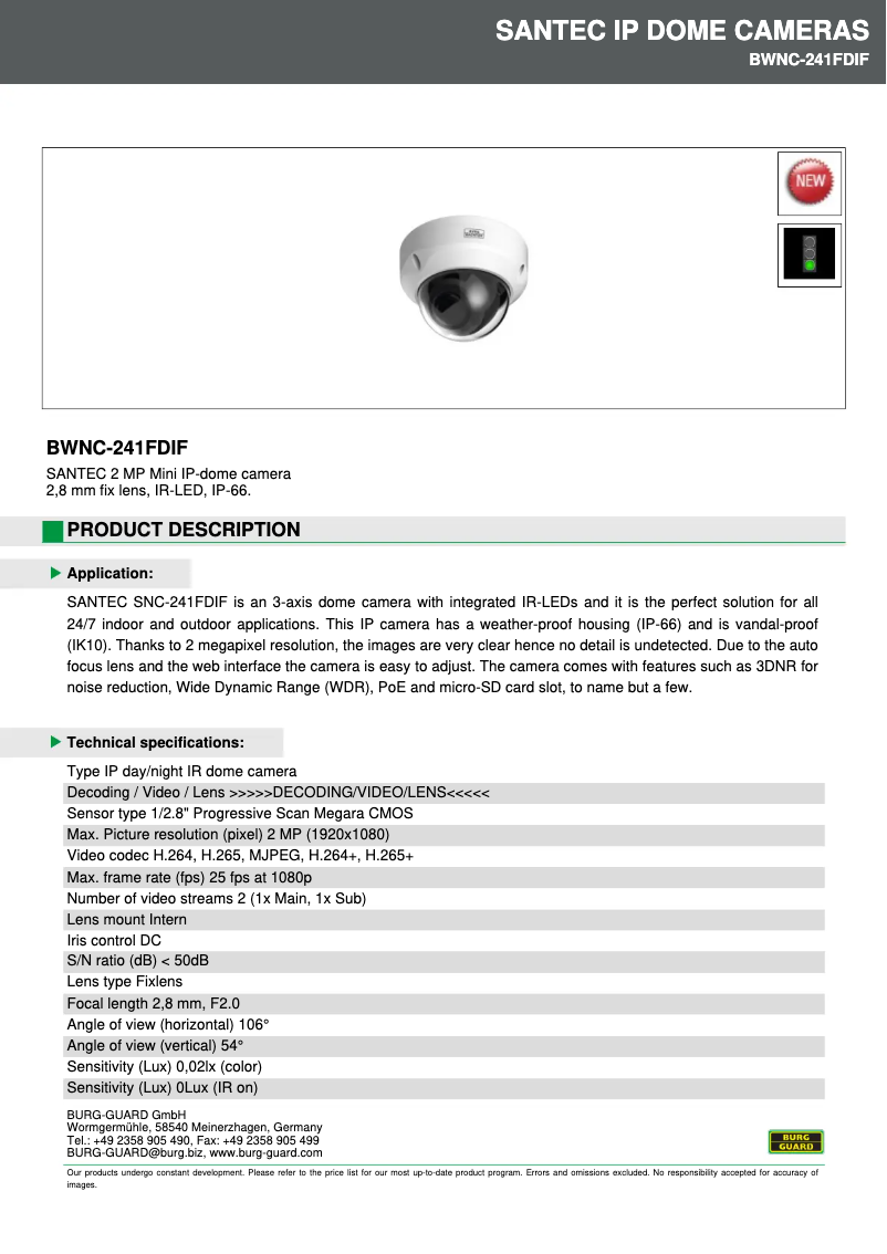 Page 1 of the manual Technical Sheet Burg Wächter BWNC-241FDIF