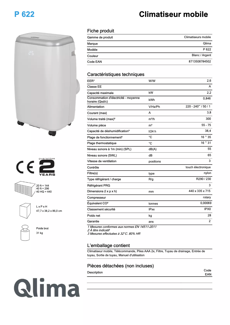 Page 1 de la notice Fiche technique Qlima P 622