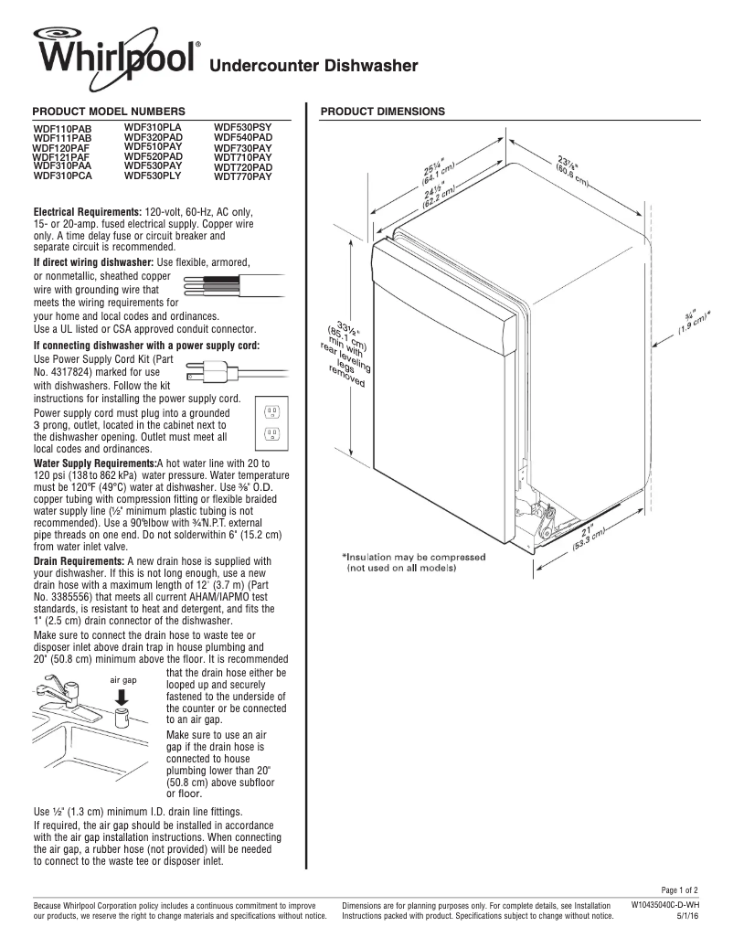 Página 1 del manual Ficha técnica Whirlpool WDF540PAD