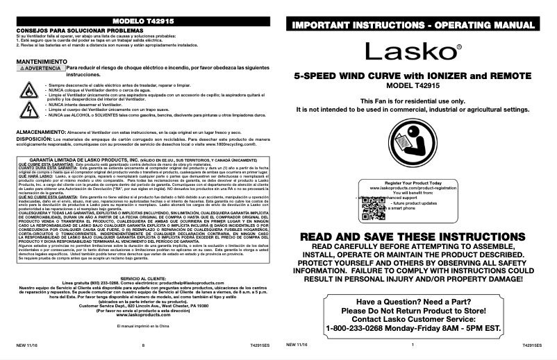 Page 1 de la notice Manuel utilisateur Lasko 5-Speed Wind Curve T42915