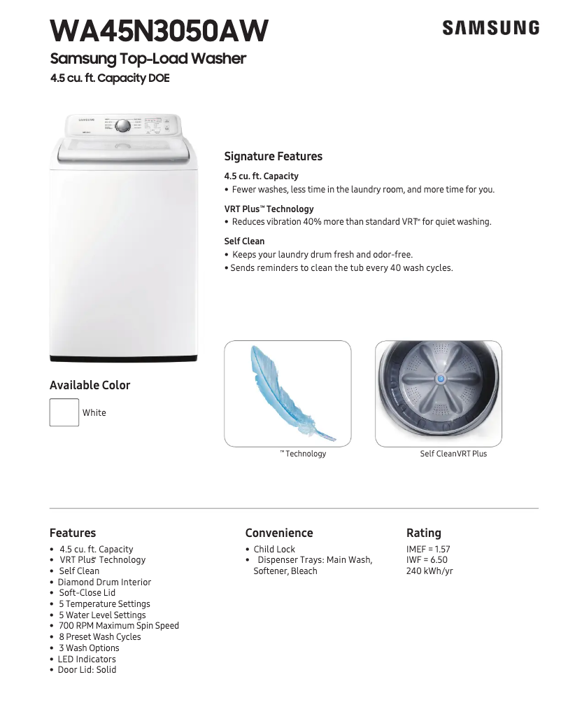 Page 1 de la notice Fiche technique Samsung WA45N3050AW
