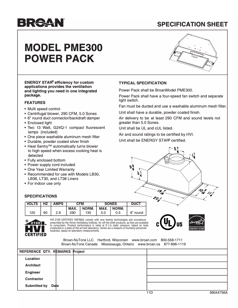 Page n°1 - Fiche technique Broan PME300