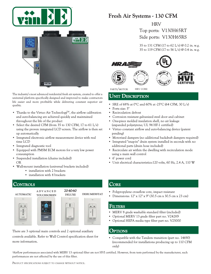 Page 1 de la notice Fiche technique vänEE V130H65RT