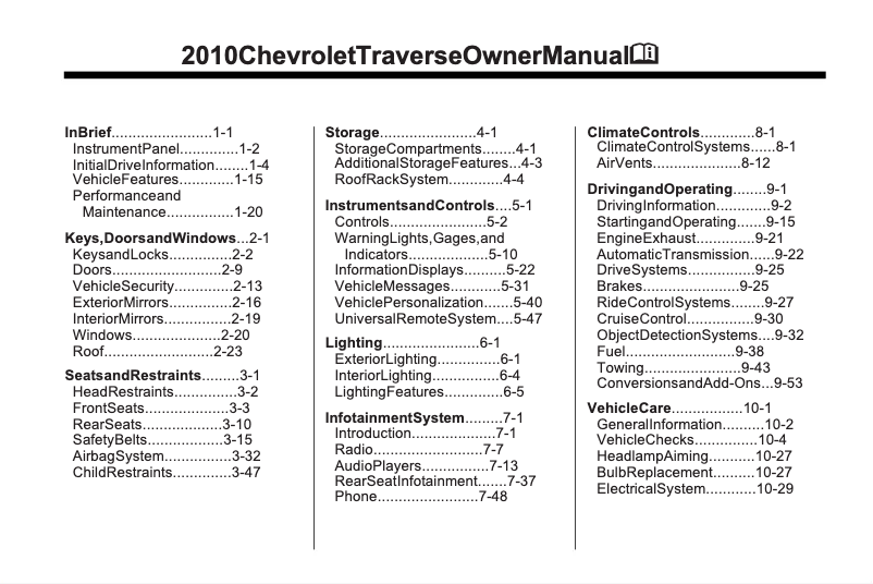 Page 1 de la notice Manuel utilisateur Chevrolet Traverse (2010)