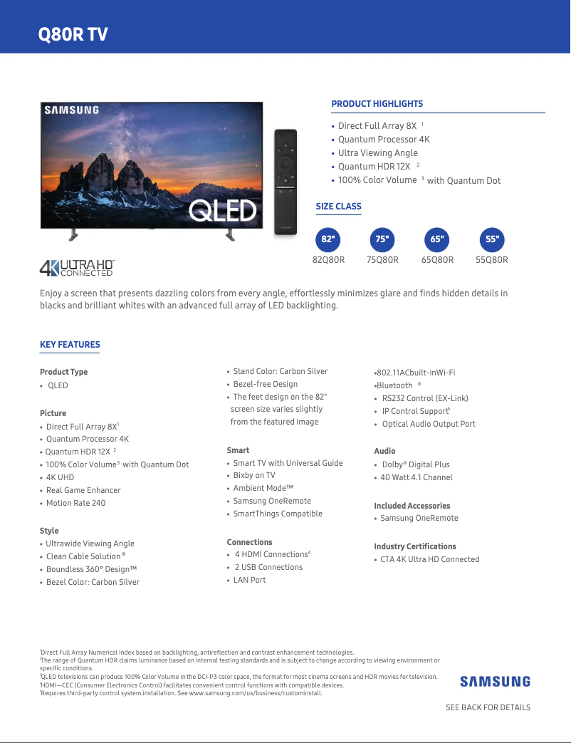 Page 1 de la notice Fiche technique Samsung QN55Q80RAFXZA