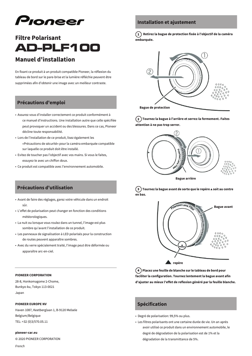 Page 1 de la notice Manuel utilisateur Pioneer AD-PLF100