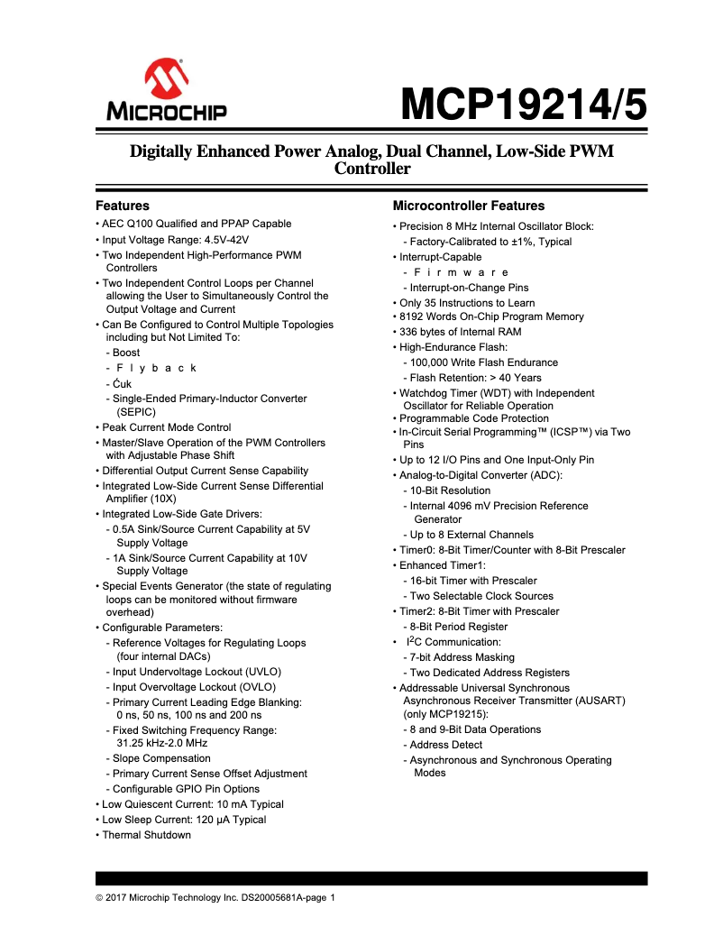 Page 1 de la notice Manuel utilisateur Microchip MCP19214