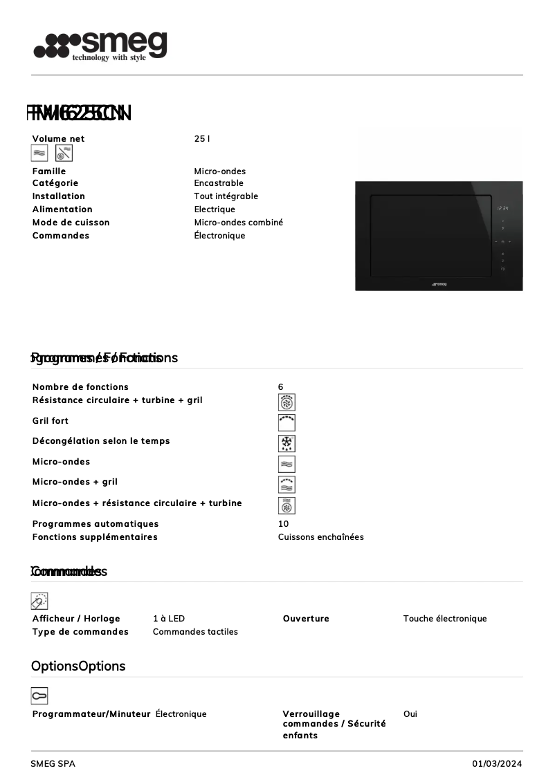 Page n°1 - Fiche technique Smeg FMI625CN