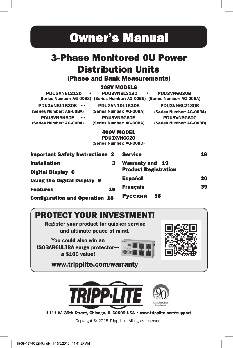 Page 1 de la notice Manuel utilisateur Tripp Lite PDU3VN6G60B