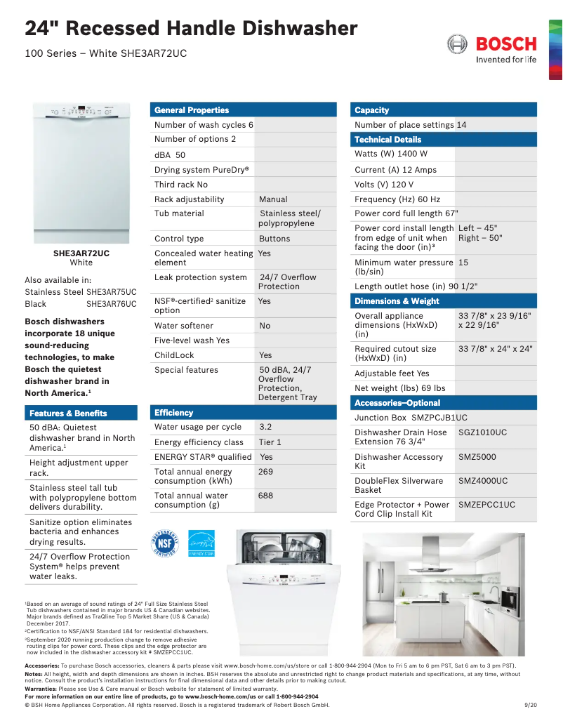 Page 1 de la notice Fiche technique Bosch SHE3AR72UC