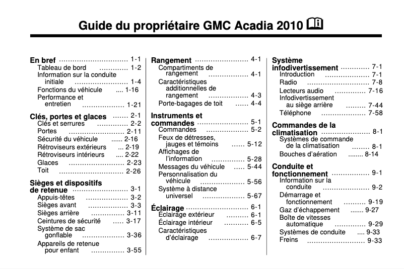 Page 1 de la notice Manuel utilisateur GMC Acadia (2010)