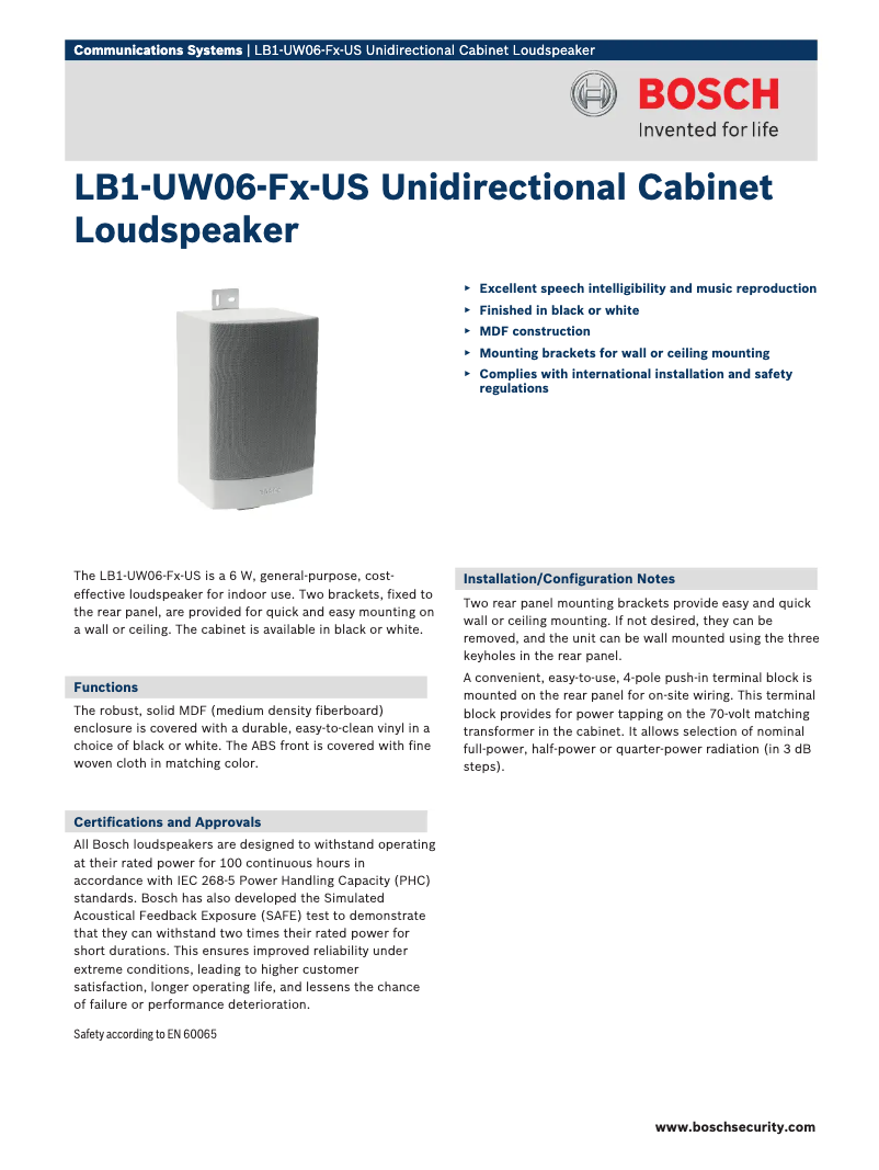 Page 1 de la notice Manuel utilisateur Bosch LB1-UW06-F