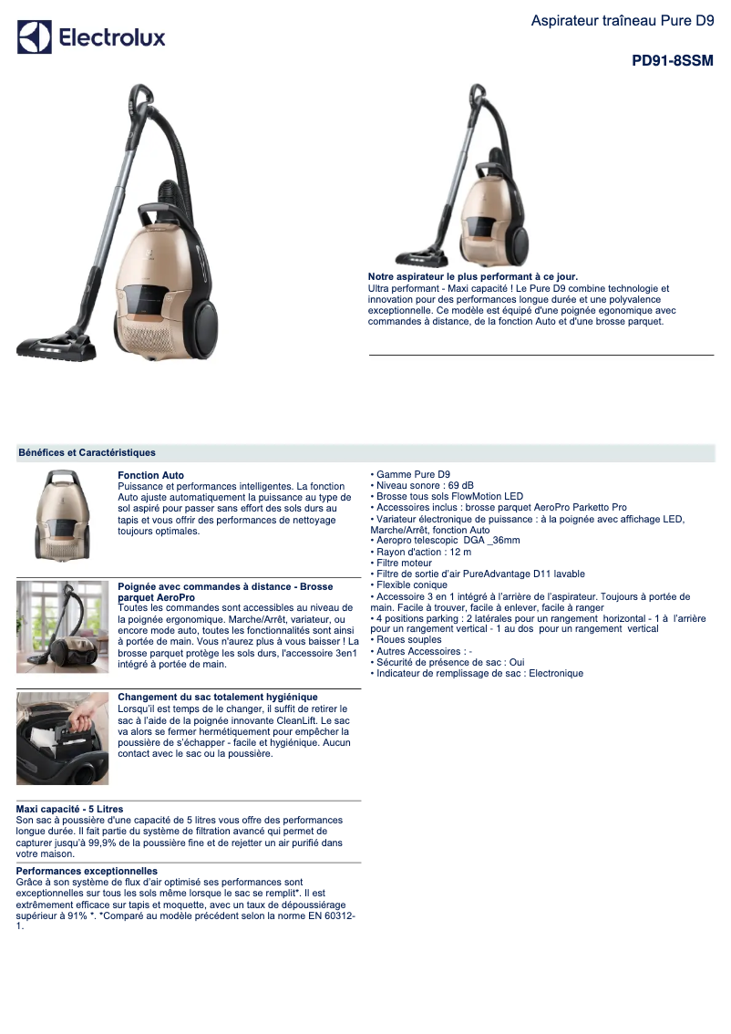 Page 1 de la notice Fiche technique Electrolux PD91-8SSM