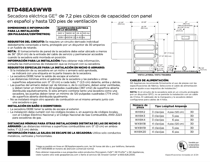 Page n°1 - Fiche technique GE ETD48EASWWB