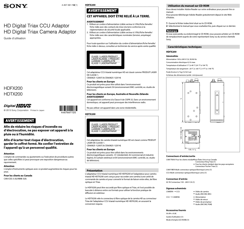 Page 1 de la notice Manuel utilisateur Sony HDFX-200