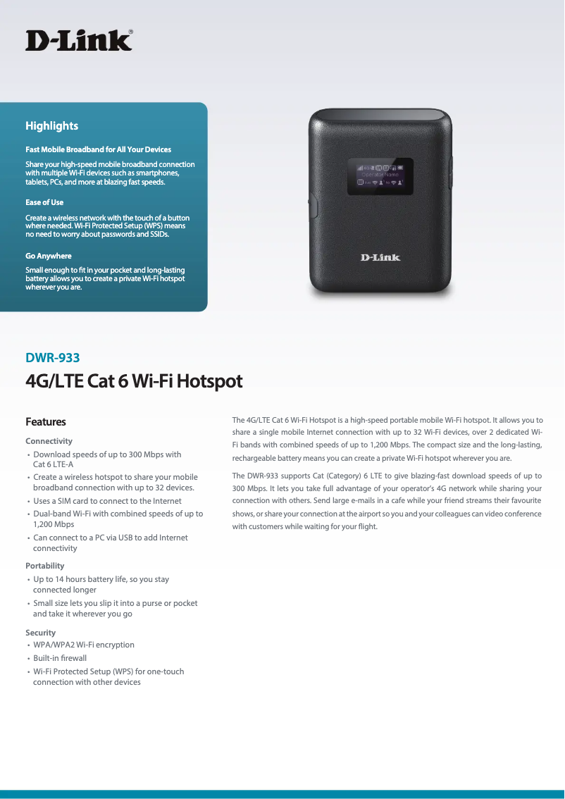 Page 1 de la notice Fiche technique D-Link DWR-933