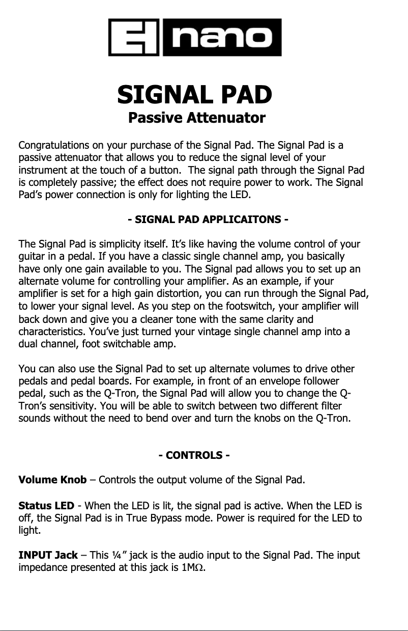 Page 1 de la notice Manuel utilisateur Electro Harmonix Signal Pad