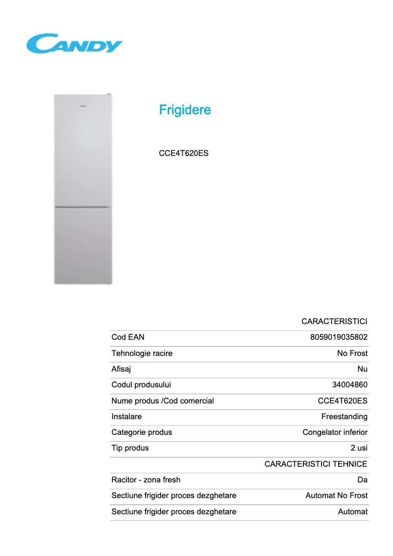Page 1 de la notice Fiche technique Candy CCE4T620ES