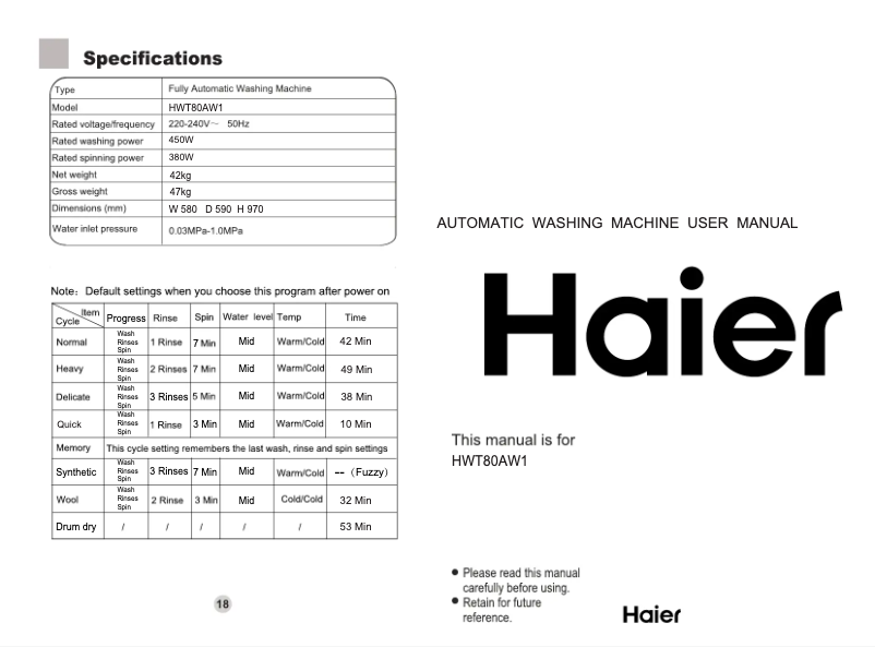 Page 1 de la notice Manuel utilisateur Haier HWT80AW1
