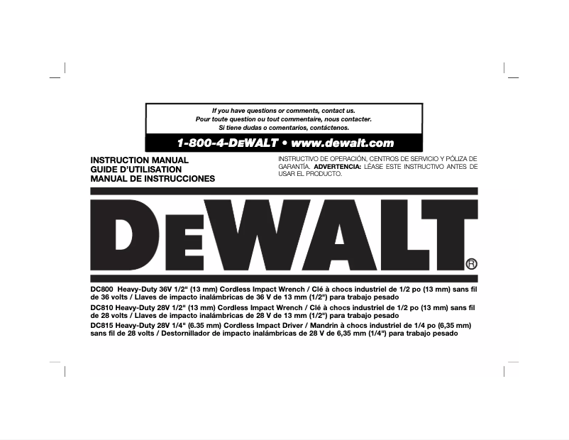 Page 1 de la notice Manuel utilisateur DeWalt DC800KL
