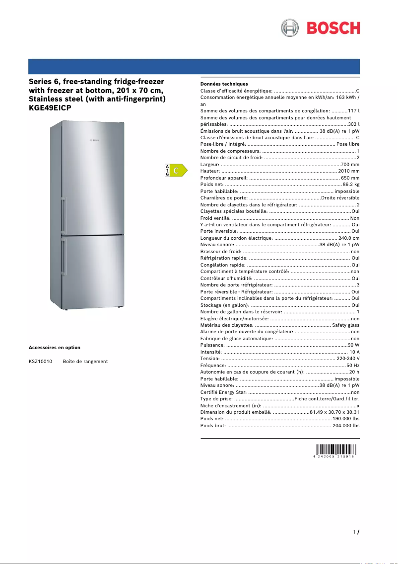 Page 1 de la notice Fiche technique Bosch KGE49EICP