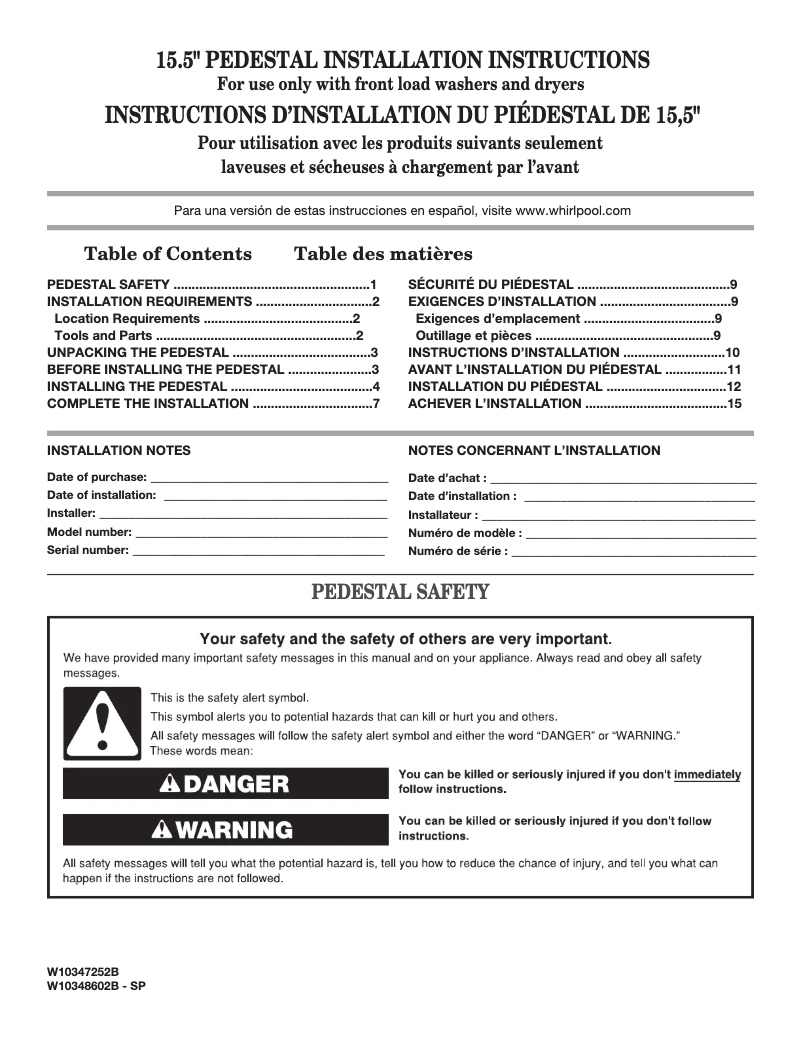 Page 1 de la notice Guide d'installation Whirlpool XHPC155X