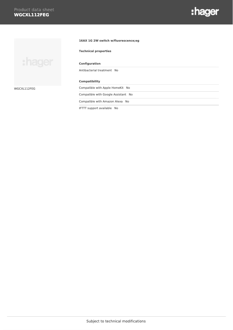 Page n°1 - Fiche technique Hager WGCXL112FEG