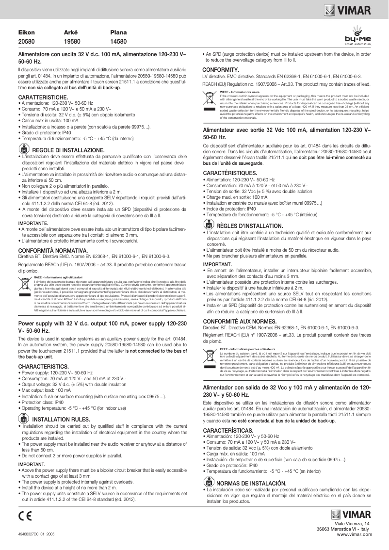 Page n°1 - Manuel utilisateur Vimar 19580.B