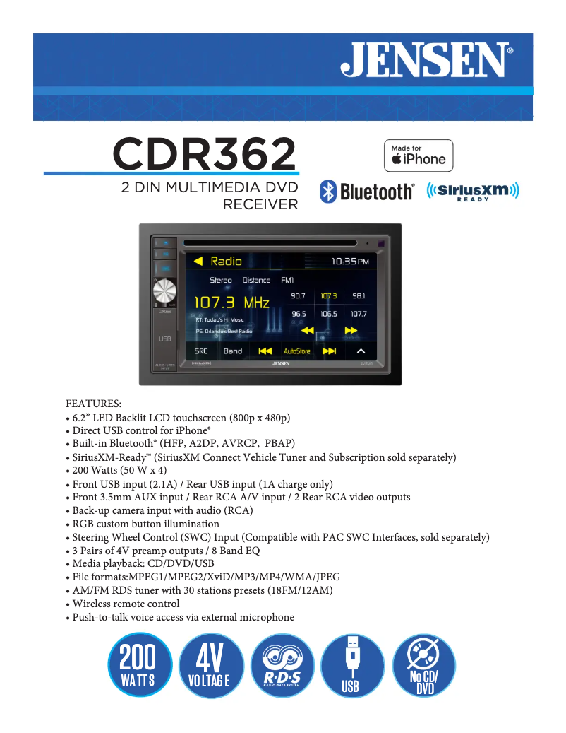 Page 1 de la notice Fiche technique Jensen CDR362