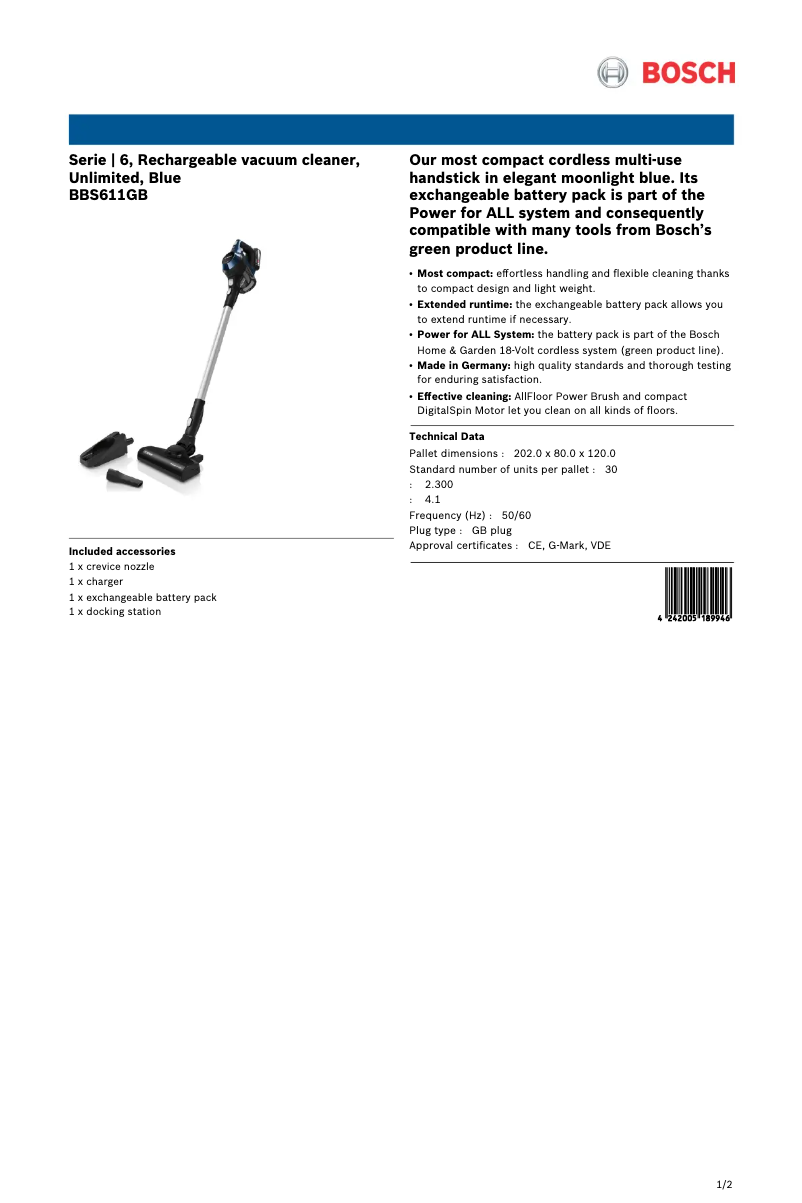 Page 1 de la notice Fiche technique Bosch BBS611GB