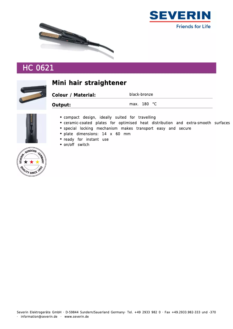 Página 1 del manual Ficha técnica Severin HC 0621