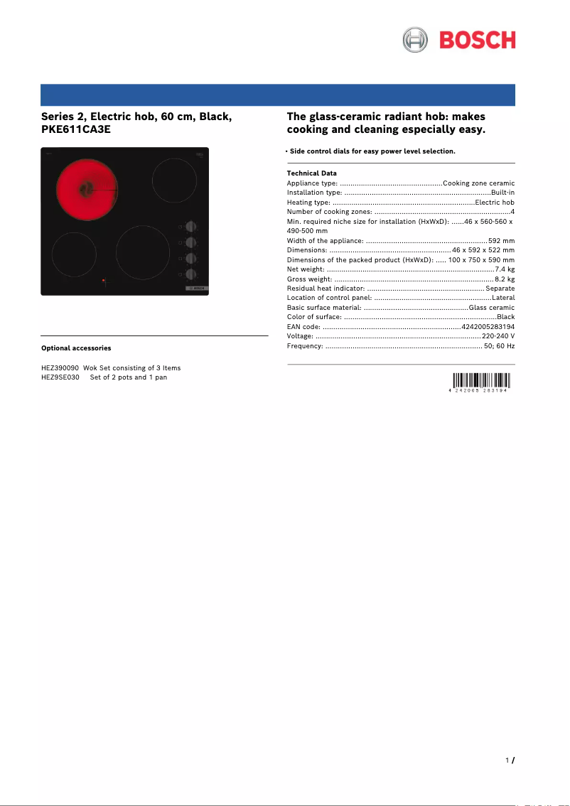 Page 1 de la notice Fiche technique Bosch PKE611CA3E