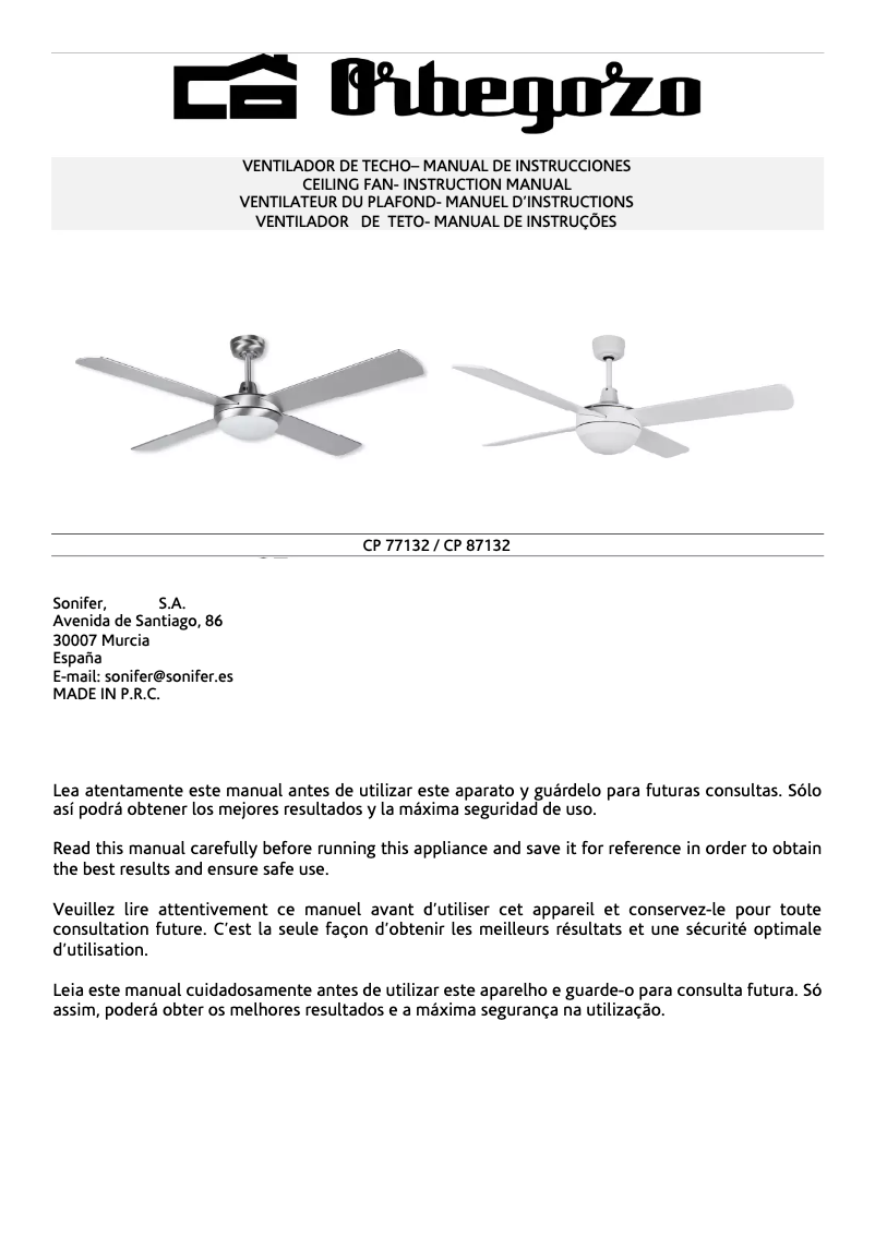 Page n°1 - Manuel utilisateur Orbegozo CP 87132