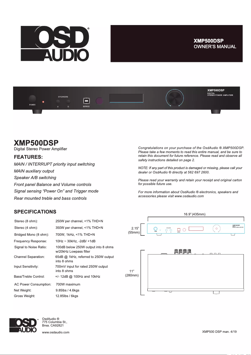 Image de la première page du manuel de l'appareil XMP500DSP